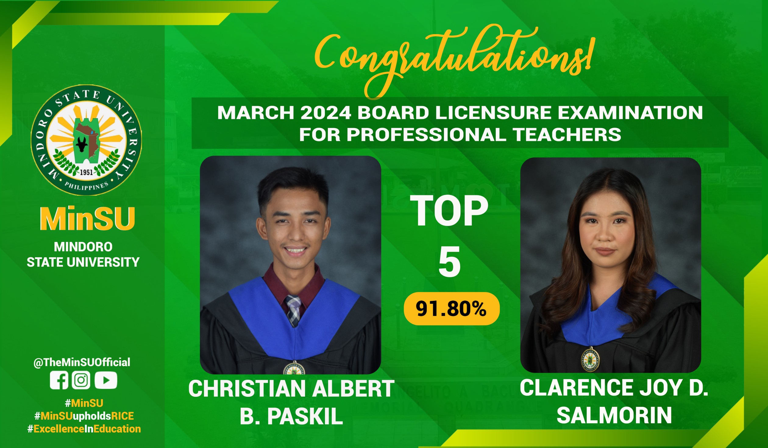 MinSU Produces Two Top Notchers in the March 2024 Licensure Examination for Teachers