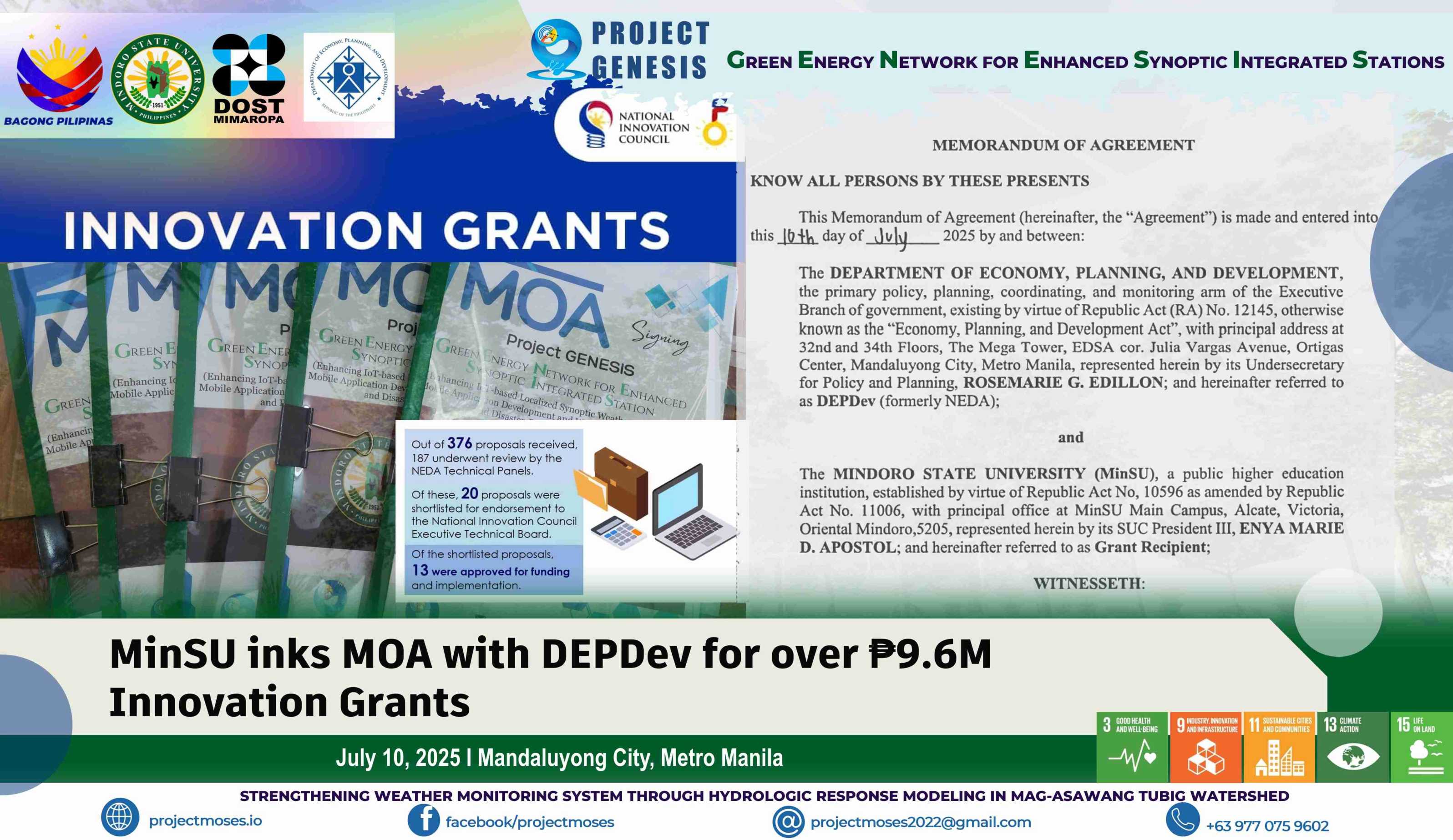 Project GENESIS nears operationalization as MinSU inks MOA with DEPDev for innovation grant funding