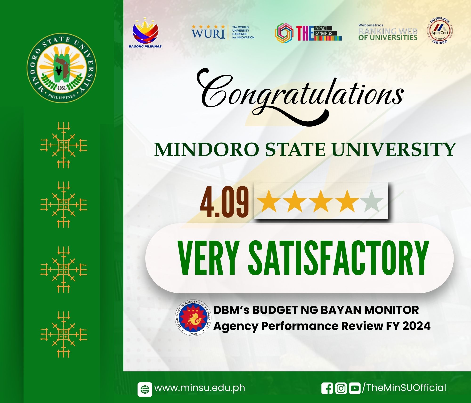 MinSU, nakakuha ng Very Satisfactory rating sa DBM Budget ng Bayan Monitor