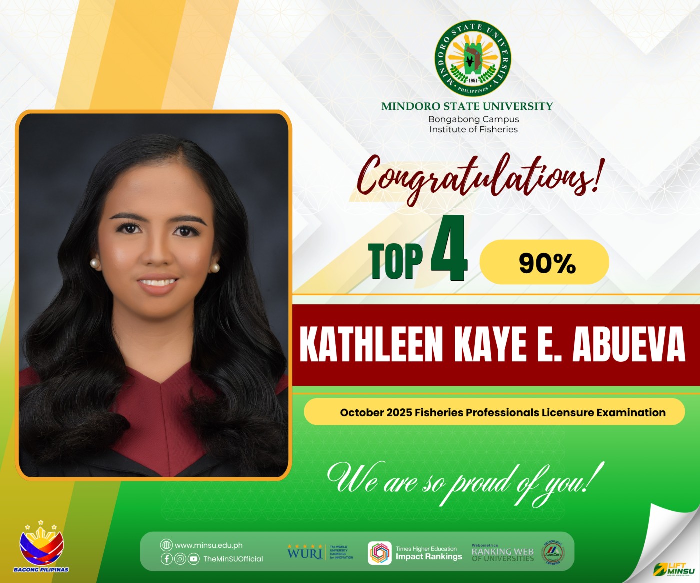 MinSU Bongabong Graduate ranks Top 4 in 2025 Fisheries Licensure Exam