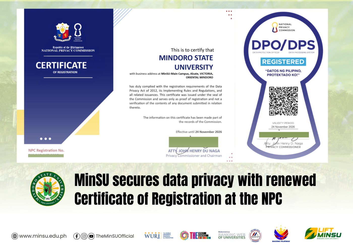 MinSU secures data privacy with renewed Certificate of Registration at the NPC
